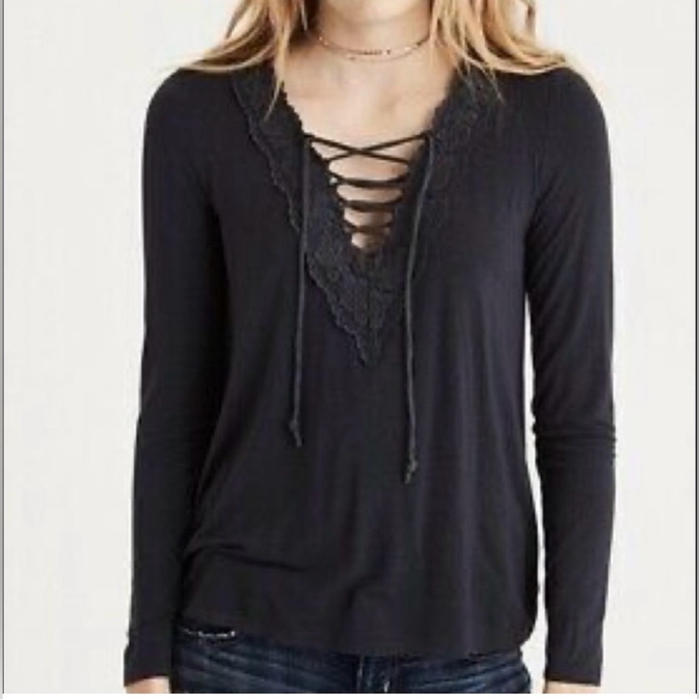 American Eagle Outfitters Gray Lace-Up V-Neck Long Sleeve Top